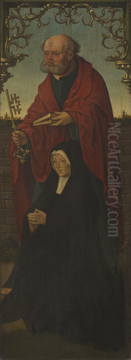 Saint Peter and a Donor; Saint Thomas (reverse) Oil Painting by Jacob Cornelisz van Oostsanenand workshop