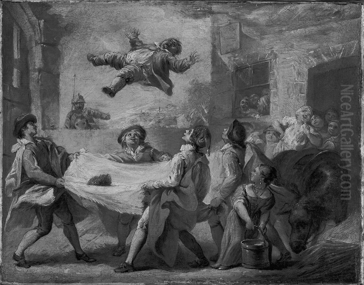 Sancho Panza Being Tossed in a Blanket Oil Painting by Pierre Charles Tremolieres