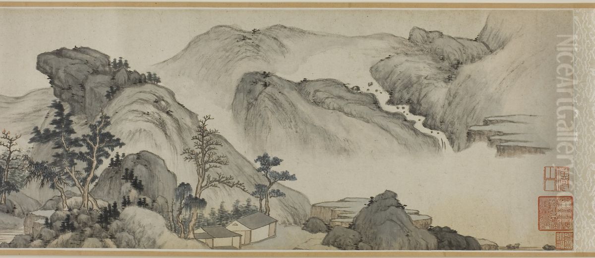 Recluse Dwellings in the Autumn Mountains Oil Painting by Mi Wanzhong