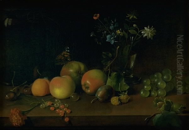 Flowers and Fruit on a Table Oil Painting by Jens Juel