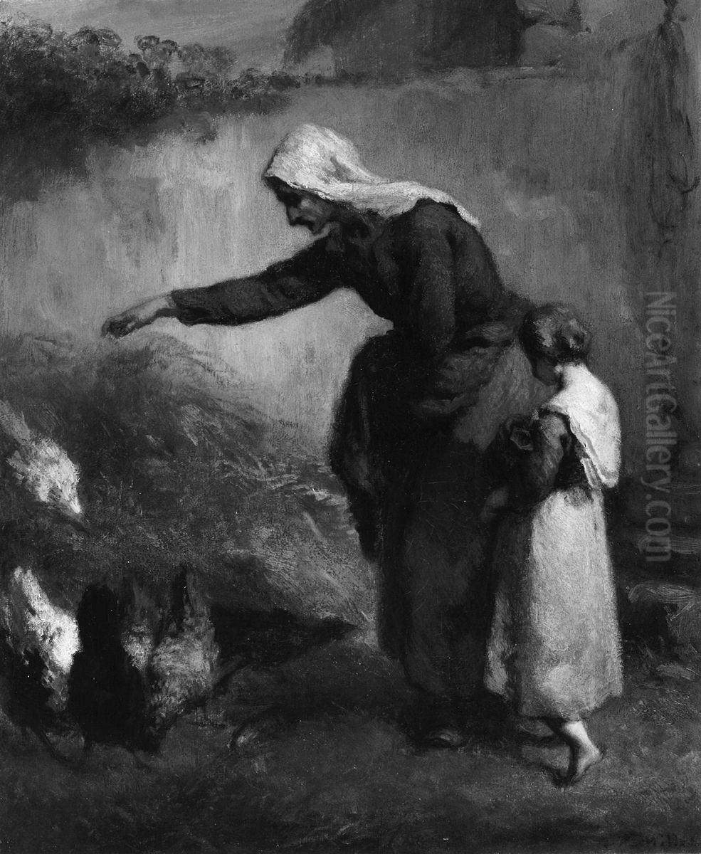 Woman Feeding Chickens Oil Painting by Jean-Francois Millet