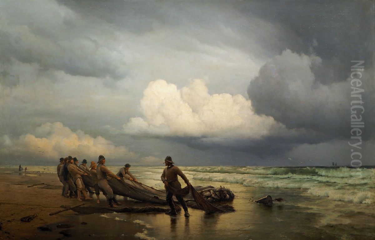 Fischer holen am Nordstrand von Skagen die Netze ein Oil Painting by Carl Neumann