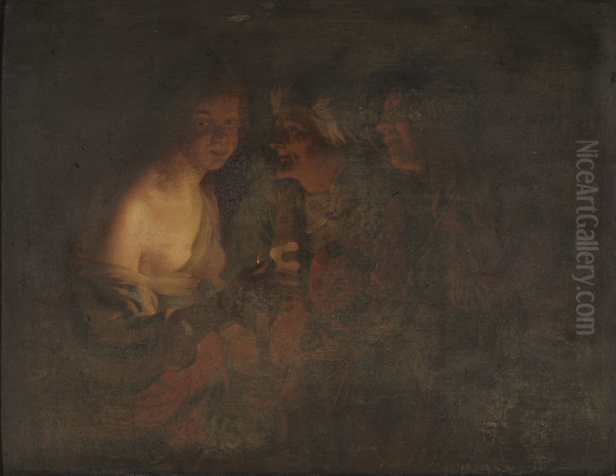 Ung pige med lysestage, gammel kone, samt violinspiller Oil Painting by Gerard van Honthorst