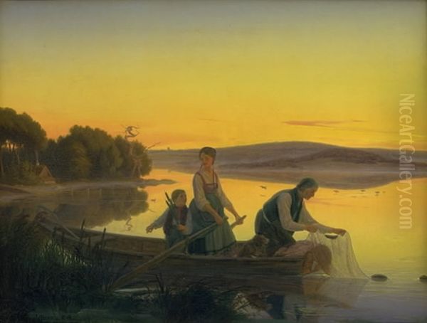 En gammel fisker der om aftenen saetter sine garn ud Oil Painting by Jorgen Valentin Sonne