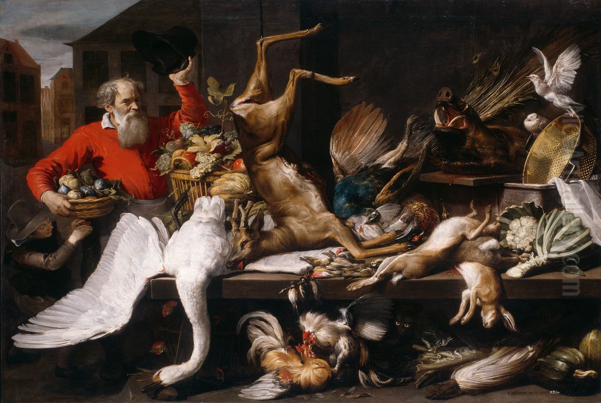 Still Life with Dead Game, Fruits, and Vegetables in a Market Oil Painting by Frans Snyders