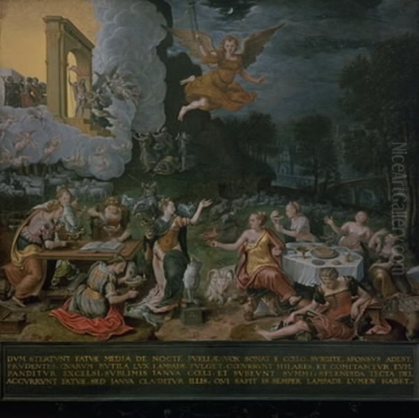 De kloge og de ukloge jomfruer. En Allegori Oil Painting by Hans Eworth