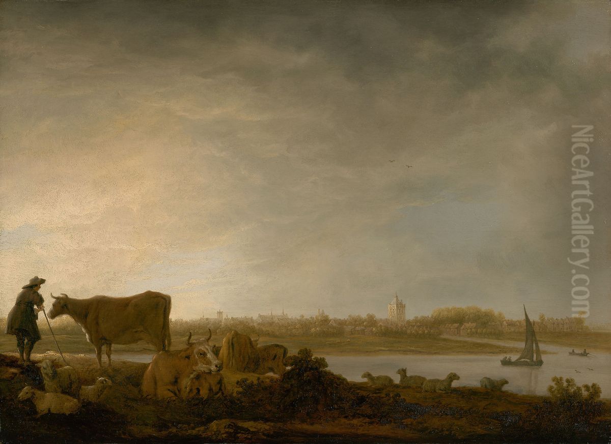 A View of Vianen with a Herdsman and Cattle by a River Oil Painting by Aelbert Cuyp