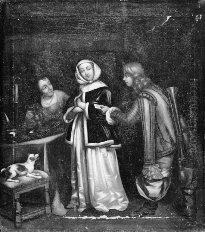 En trompeter overbringer en dame et brev Oil Painting by Gerard Ter Borch