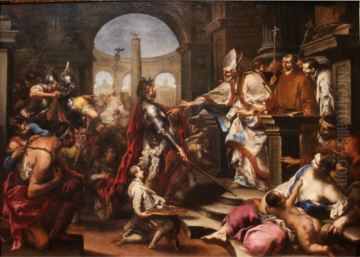 Theodosius Repulsed from the Church by Saint Ambrose Oil Painting by Alessandro Magnasco