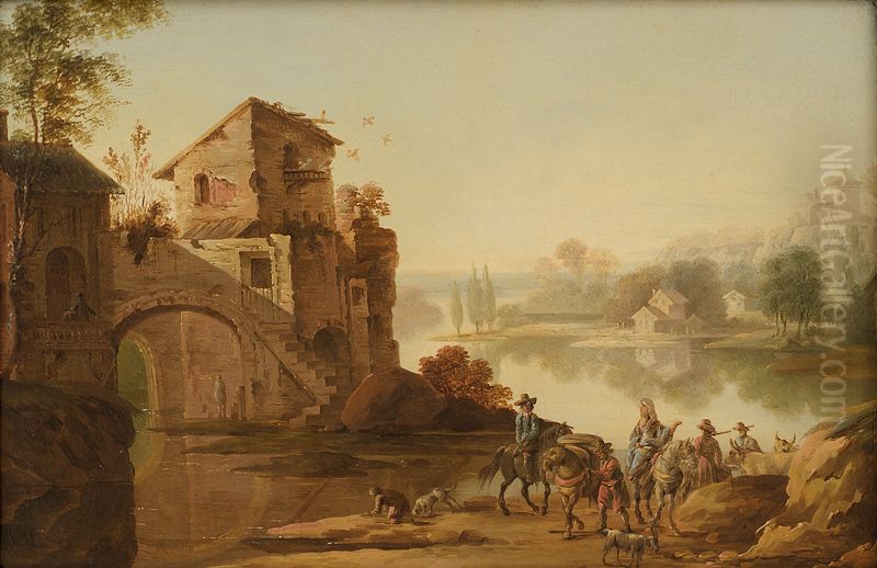 Landskab i italiensk maner Oil Painting by Johan Edvard Mandelberg