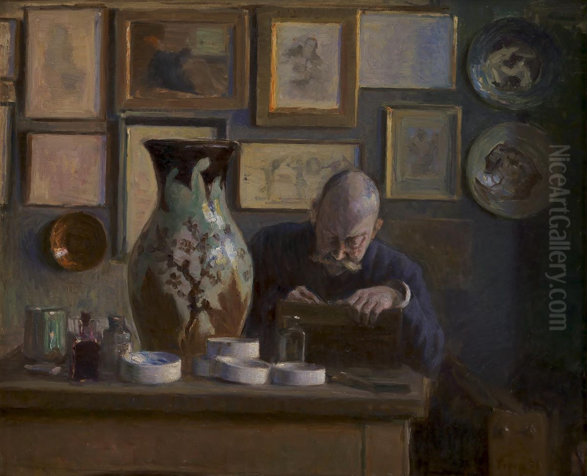 Arkitekten Thorvald Bindesboll i sin arbejdsstue Oil Painting by Ludvig Find