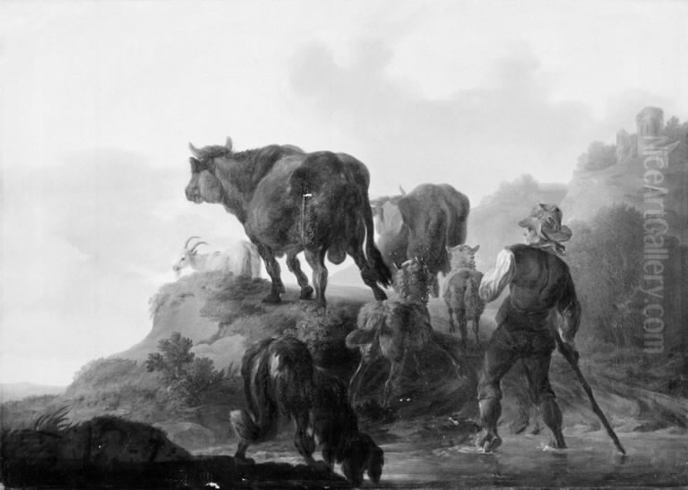 En hyrde driver okser, geder og far Oil Painting by Christian David Gebauer