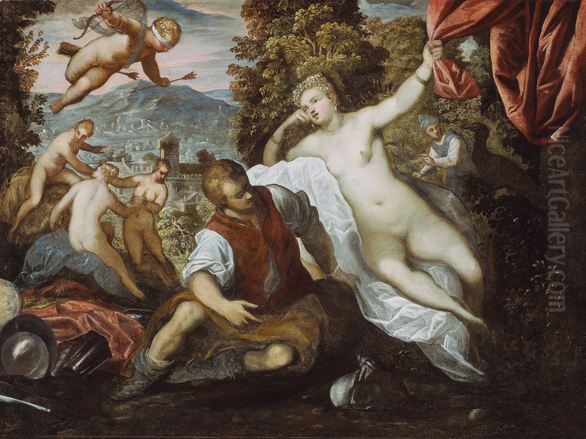 Venus and Mars with Cupid and the Three Graces in a Landscape Oil Painting by Domenico Tintoretto