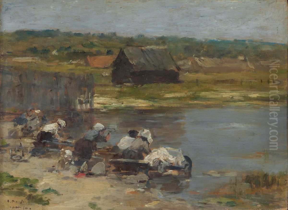 Washerwomen at the Edge of the Pond Oil Painting by Eugene Louis Boudin