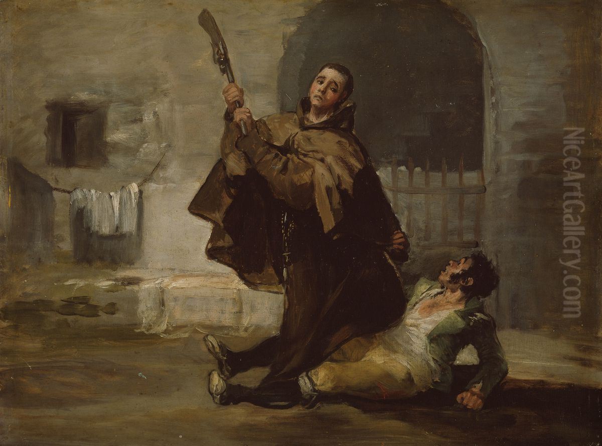 Friar Pedro clubes El Maragato con la culata del fusil Oil Painting by Francisco Goya Fuendetodos