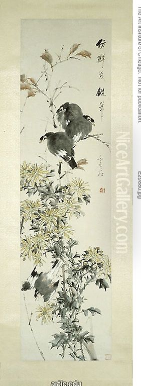 Crested Myna Birds and Chrysanthemums Oil Painting by Xu Gu