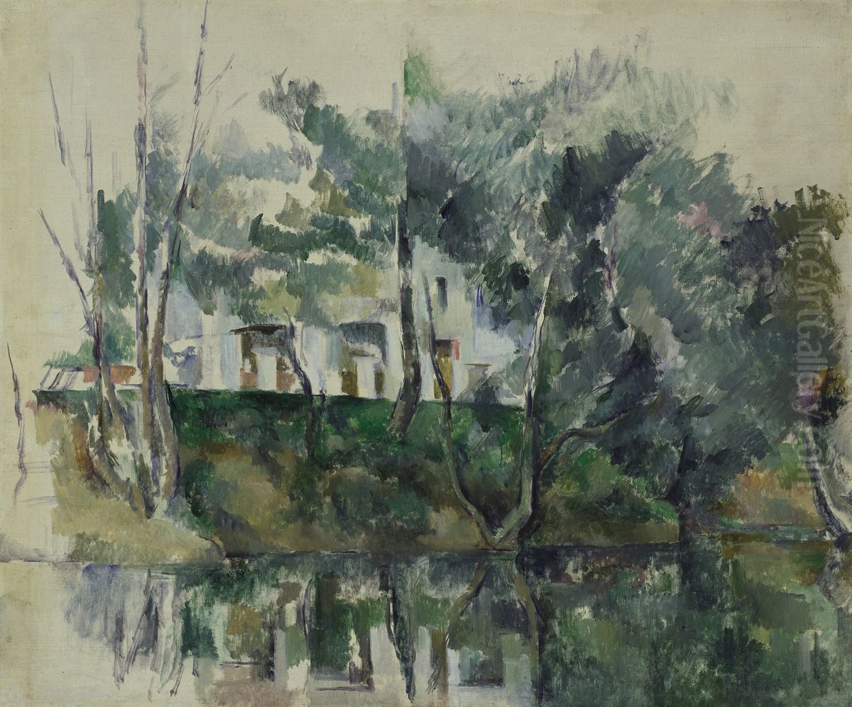 Arbres et maisons au bord de l'eau. Oil Painting by Paul Cezanne