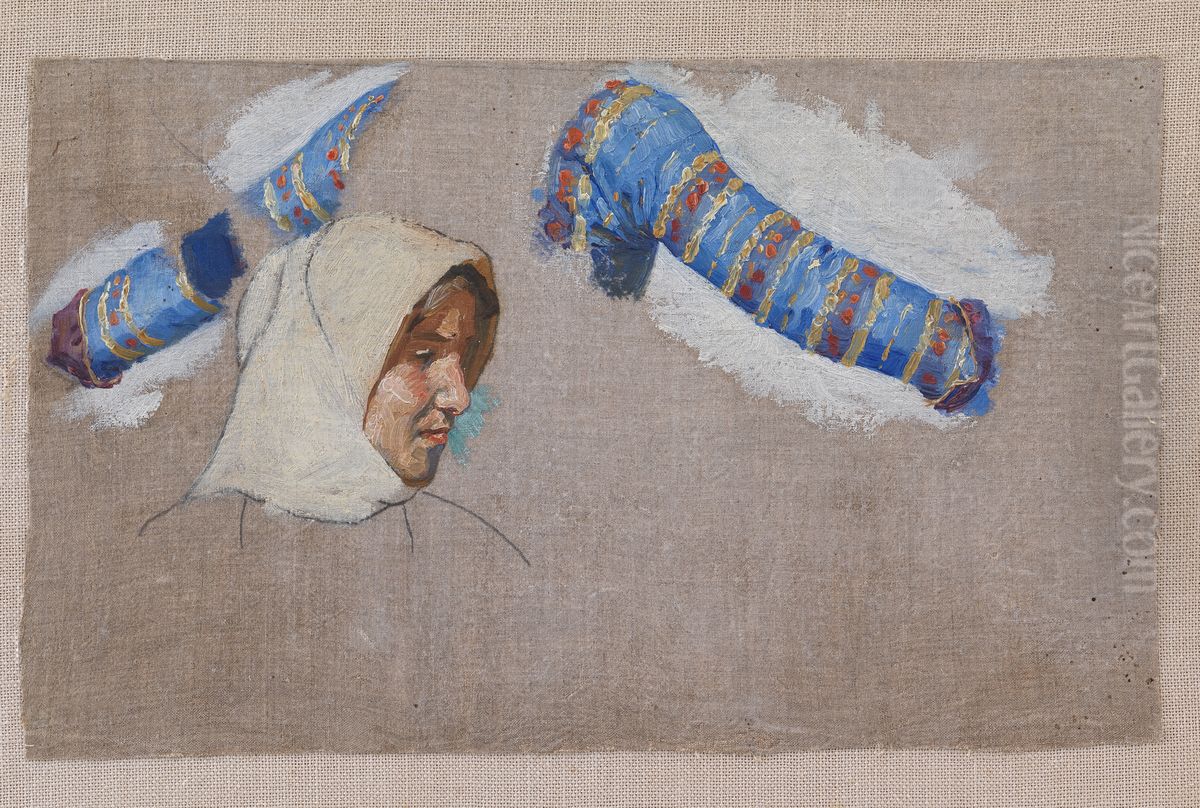 Dragtstudier og studie af et kvindehovede. Megara Oil Painting by Niels Skovgaard