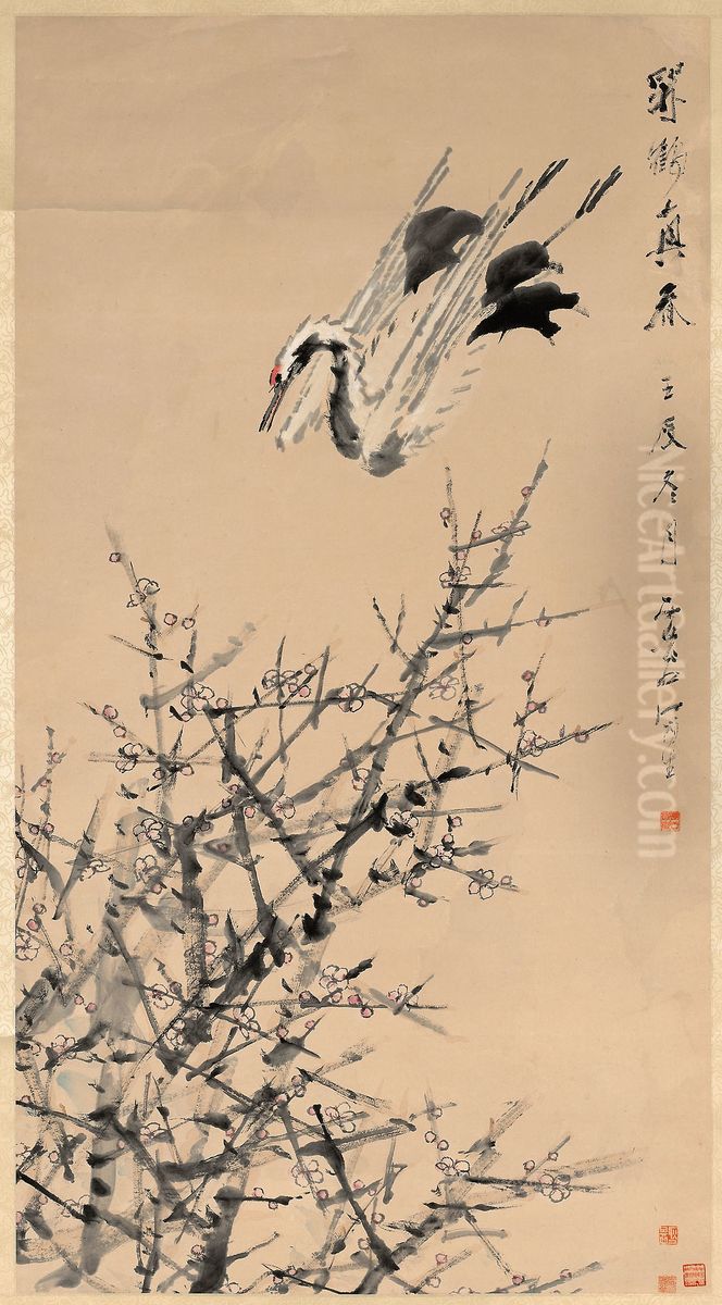 Plum Blossoms, Crane, and Spring Oil Painting by Xu Gu