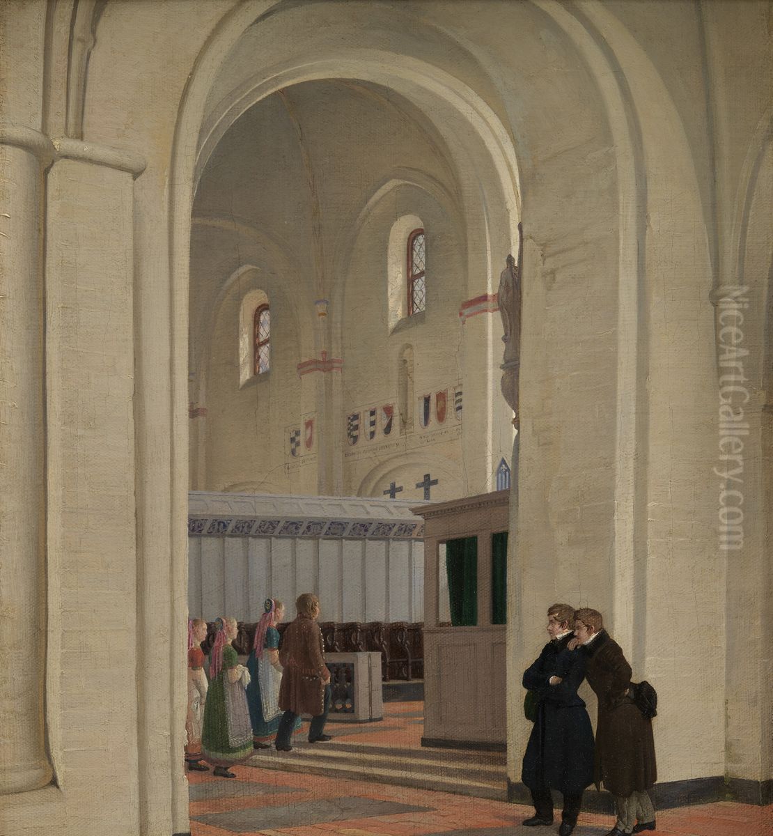 Parti af det indvendige af Ringsted Kirke. I forgrunden Constantin Hansen og Jorgen Roed Oil Painting by Constantin Hansen