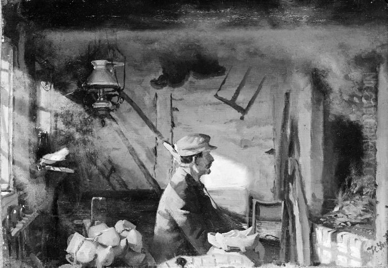 A Clog Maker's Workshop Oil Painting by Hans Smidth