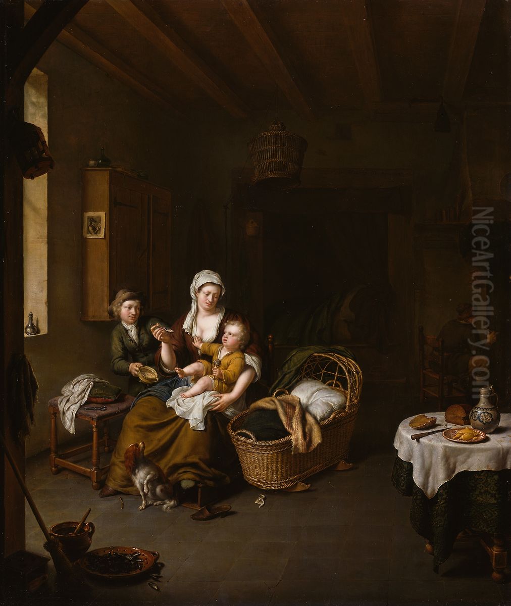 A Mother Feeding her Child (The Happy Mother) Oil Painting by Willem Van Mieris Leiden