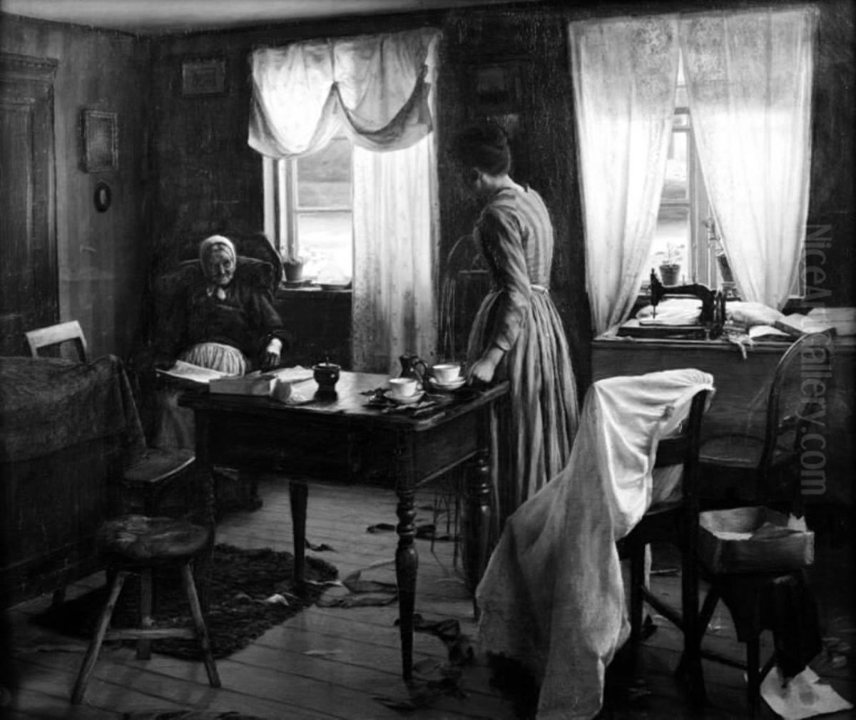 Interior with two Persons Oil Painting by Sophus Vermehren