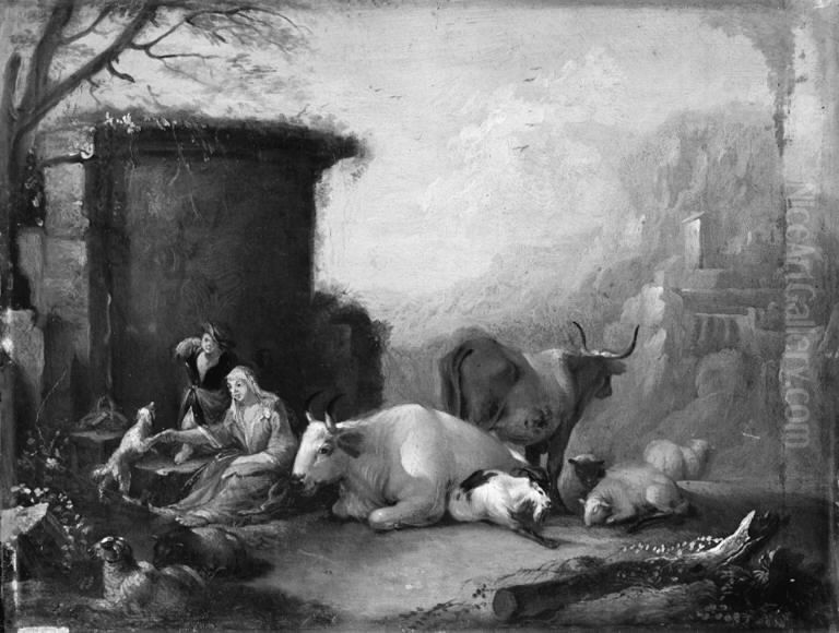 Landscape with Cattle, the Shepherdess Playing with a Dog Oil Painting by Johann Heinrich Roos