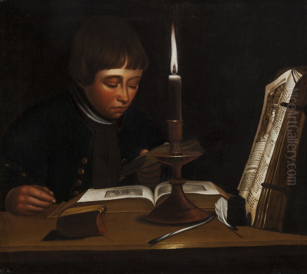 Boy Reading at Artificial Light Oil Painting by Jens Juel