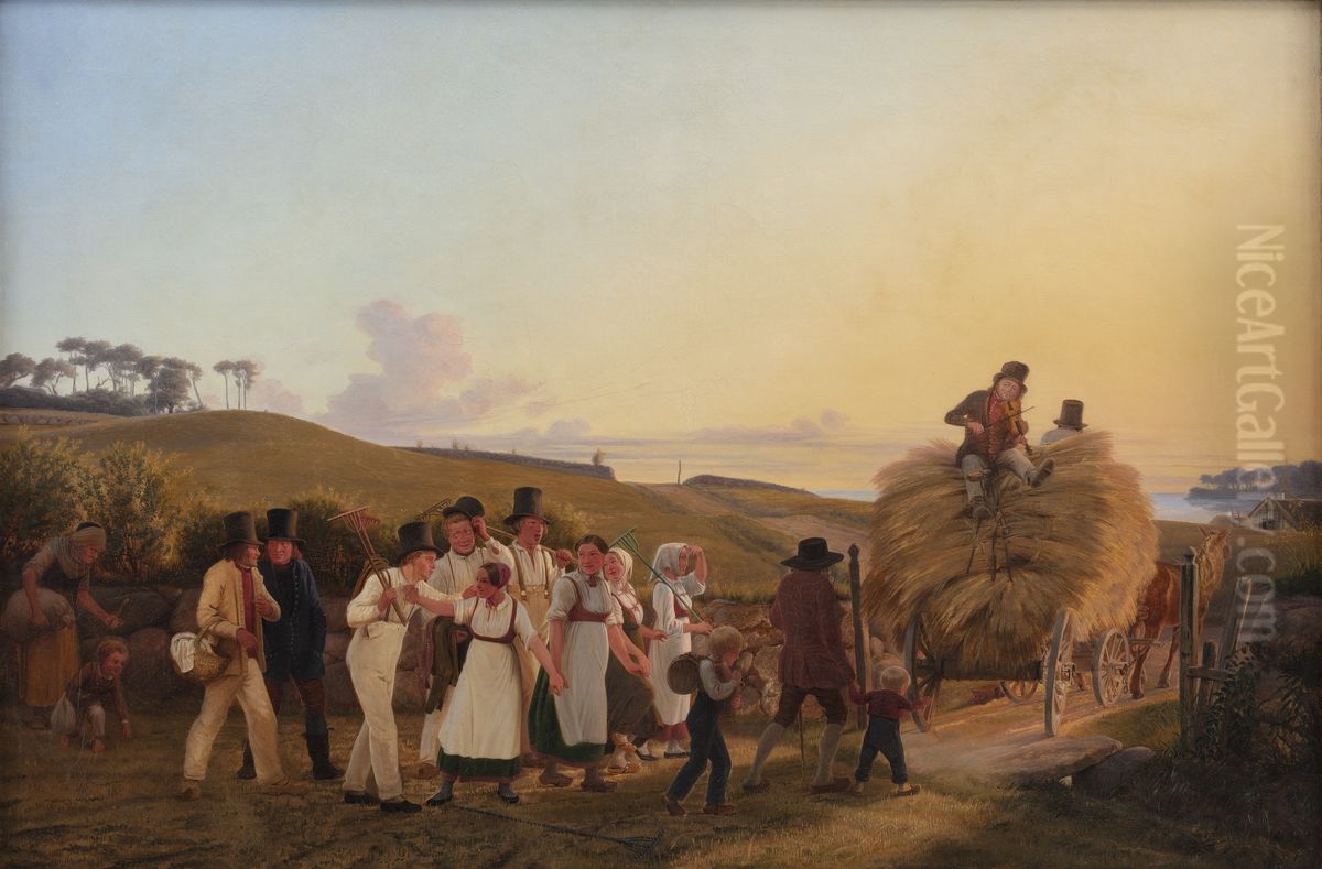 Farmers Returning Home from the Field with the Final Sheaves of Grain Oil Painting by Hans Jorgen Hammer