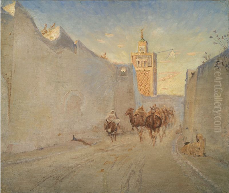 Camels in a Street in Tunisia Oil Painting by Theodor Esbern Philipsen
