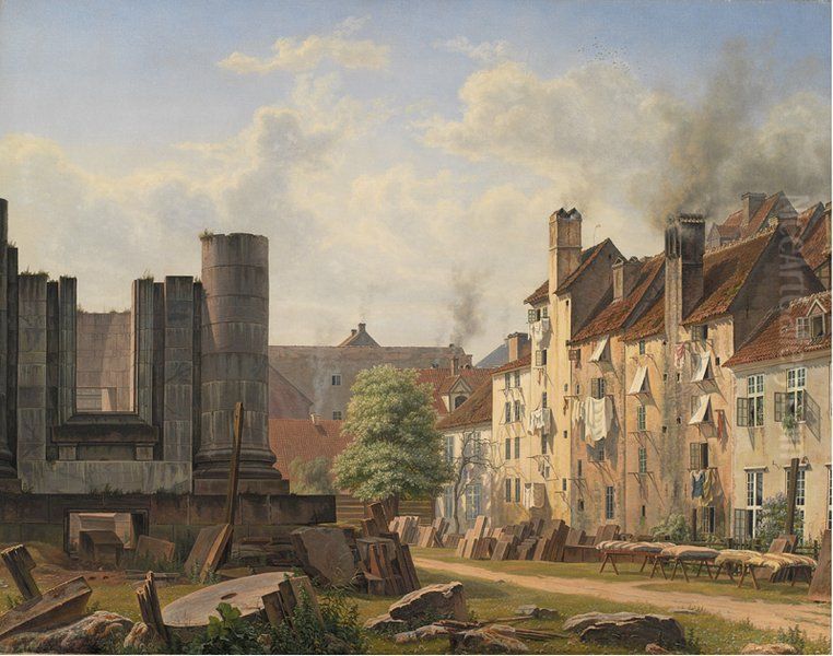 View of the Marble Square with the Ruins of the Uncompleted Frederik's Church Oil Painting by Frederik Sodring