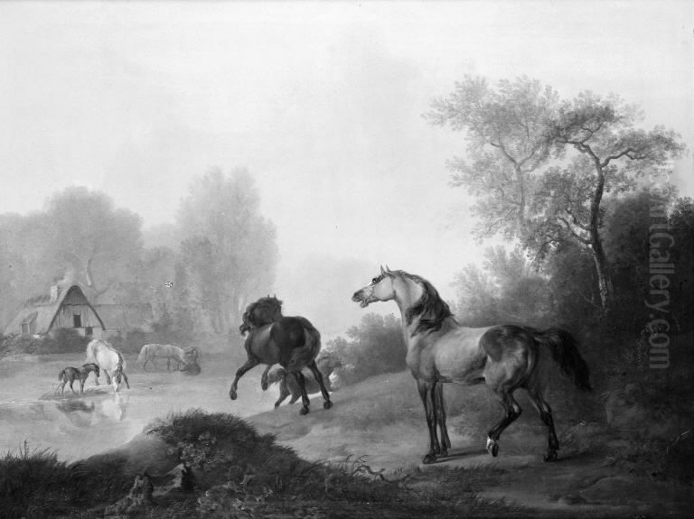 Vilde heste i et stutteri Oil Painting by Christian David Gebauer