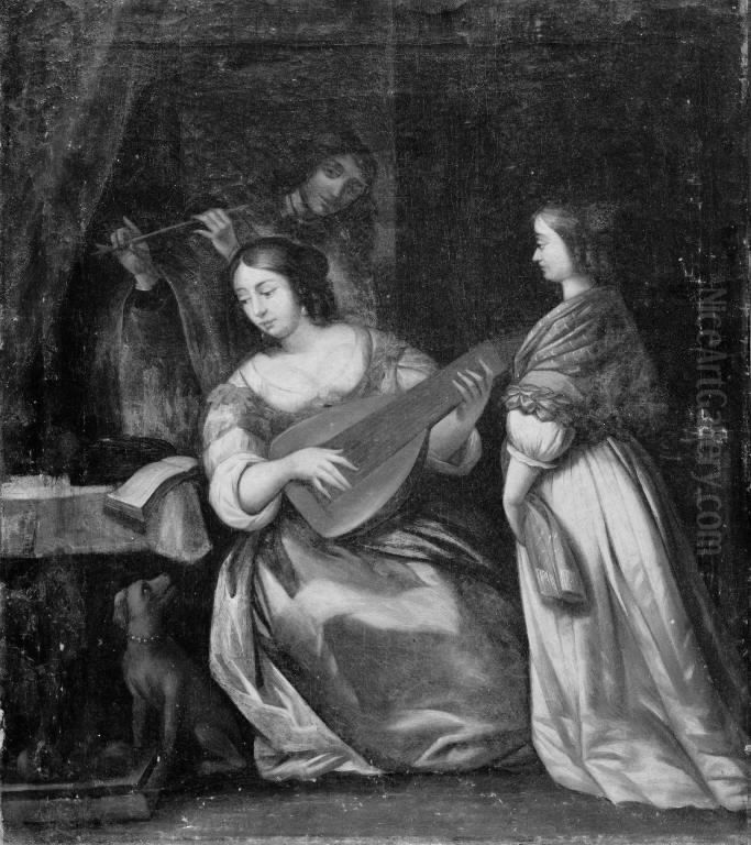 A Female Guitar Player and a Flute Player Oil Painting by Gerard Ter Borch