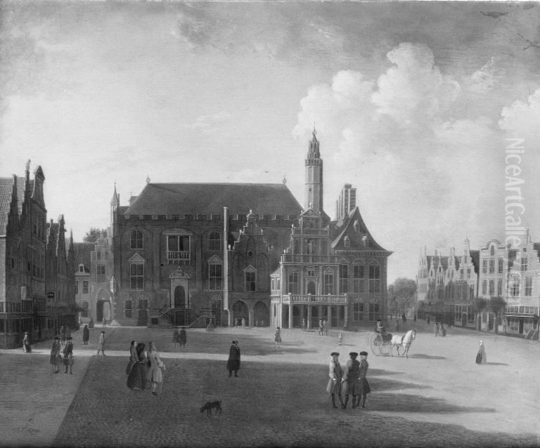 Marketplace at Haarlem, Looking towards the Town Hall Oil Painting by Jan ten Compe