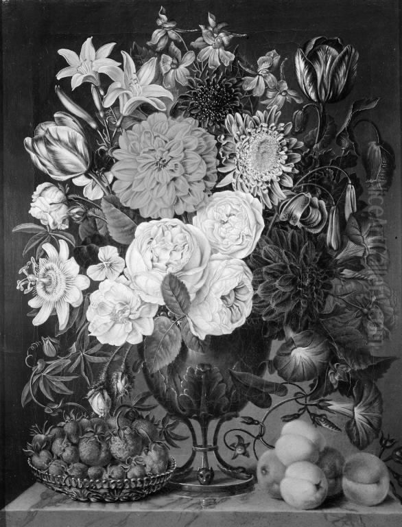 Blomster i en trefodet vase og en skal med jordbaer Oil Painting by Carl Christian Seydewitz