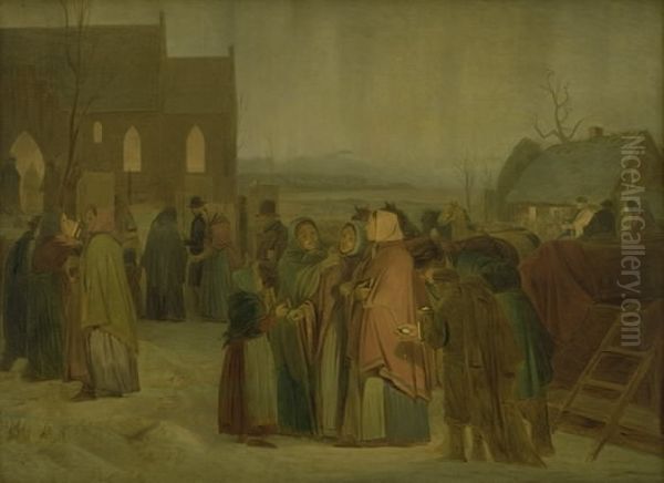 Peasants outside the Church on a Christmas Morning Oil Painting by Jorgen Valentin Sonne