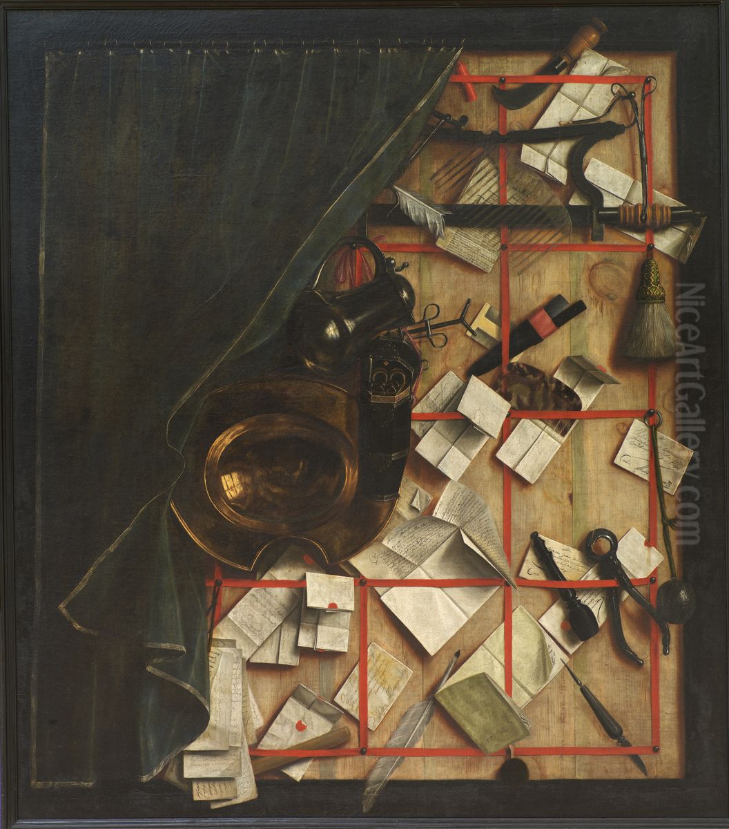 Trompe l'oeil. Brevvaeg med bartskaer-instrumenter Oil Painting by Cornelis Norbertus Gijsbrechts
