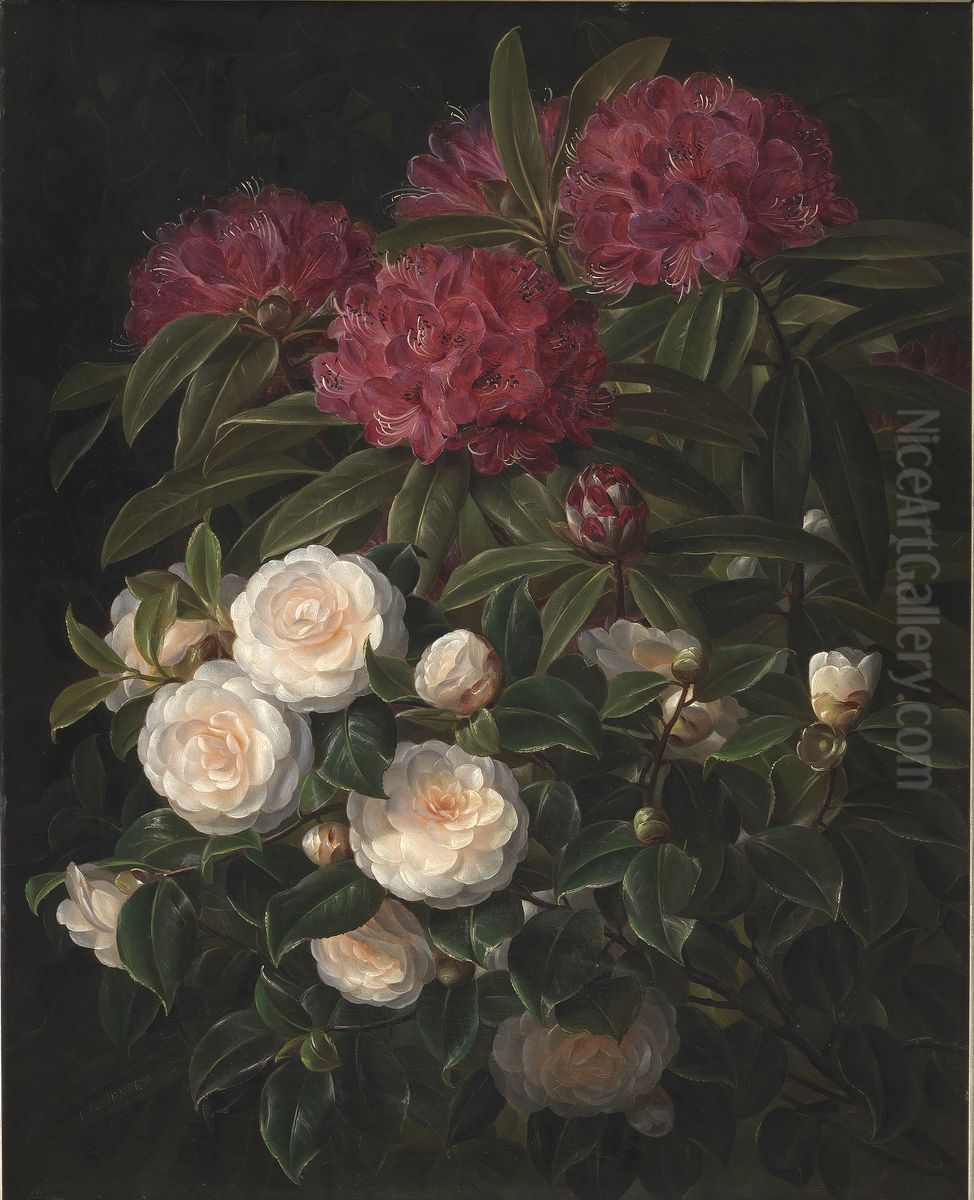 Kamelier og rhododendron Oil Painting by Johan Laurentz Jensen