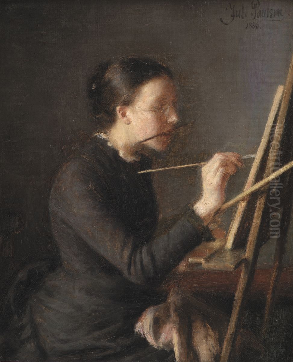 The Painter Agnes Paulsen, the Artist's Sister, at her Easel Oil Painting by Julius Paulsen