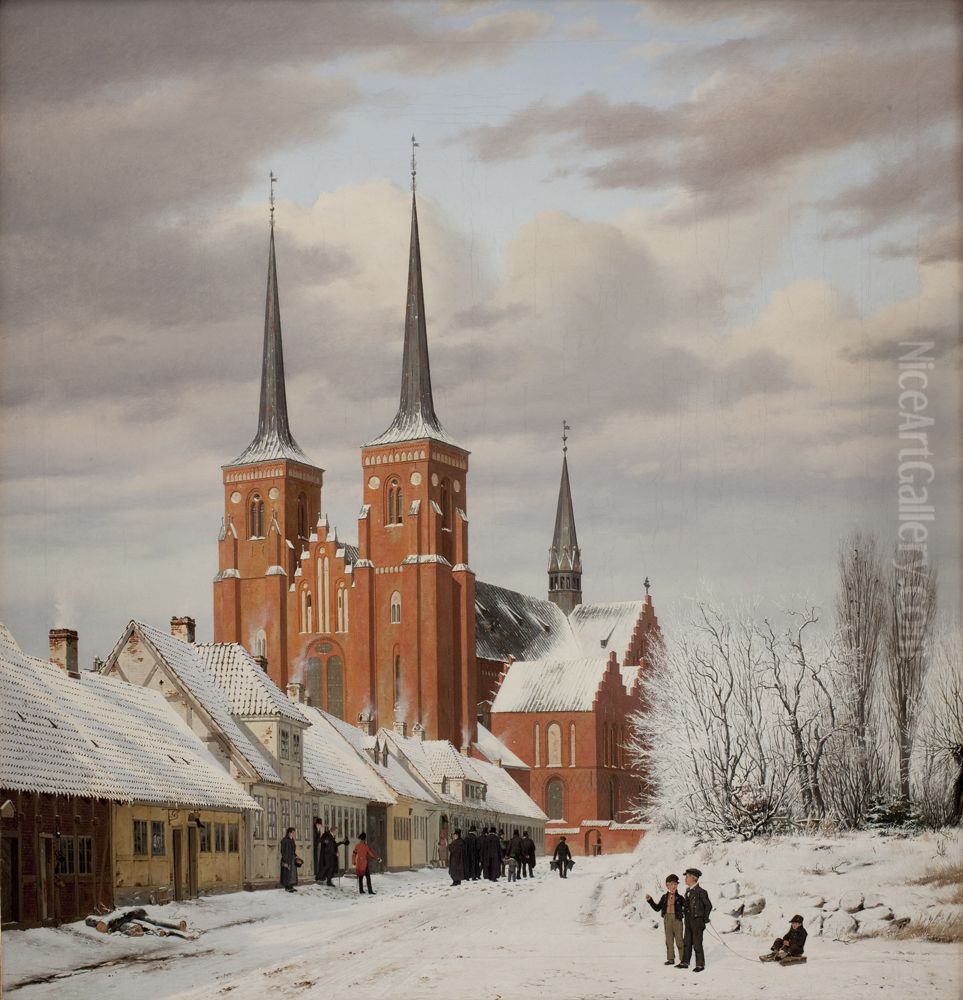 Street in Roskilde. In the Background the Cathedral Oil Painting by Jorgen Roed