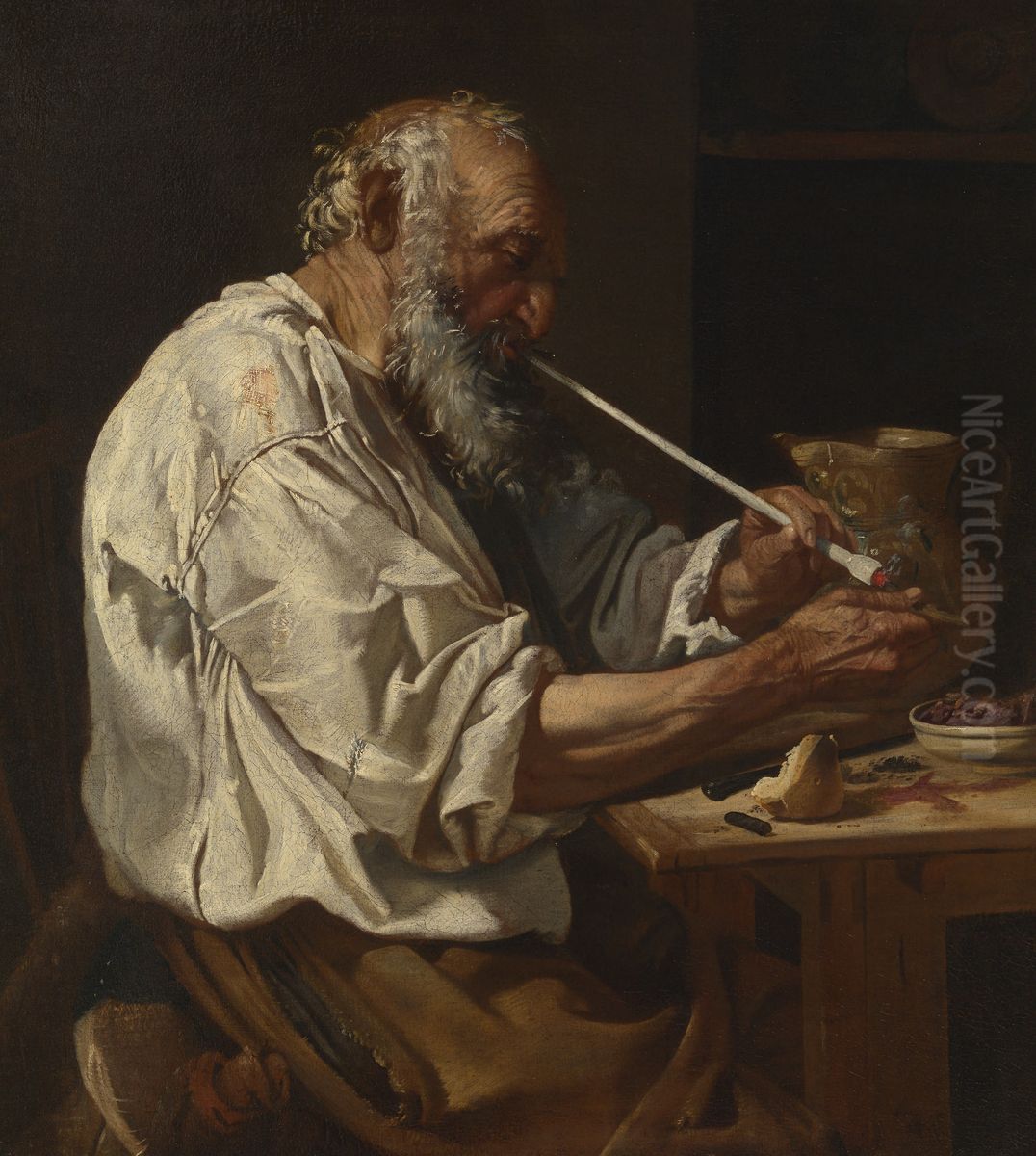 Old Peasant Lighting a Pipe Oil Painting by Johann Carl Loth