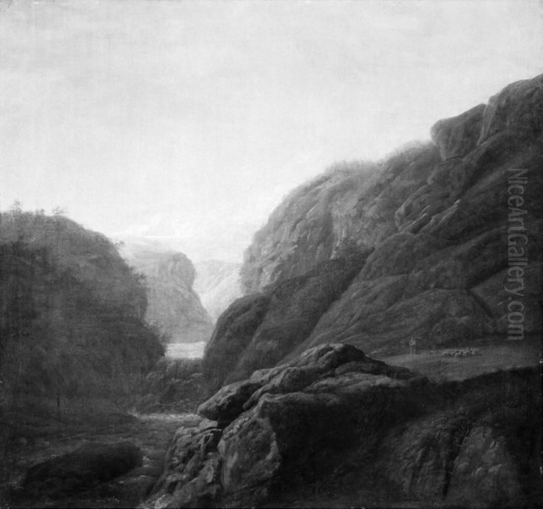 Norwegian Landscape with a River and a Waterfall between Rocks Oil Painting by Johan Wilhelm Ludwig Dahl