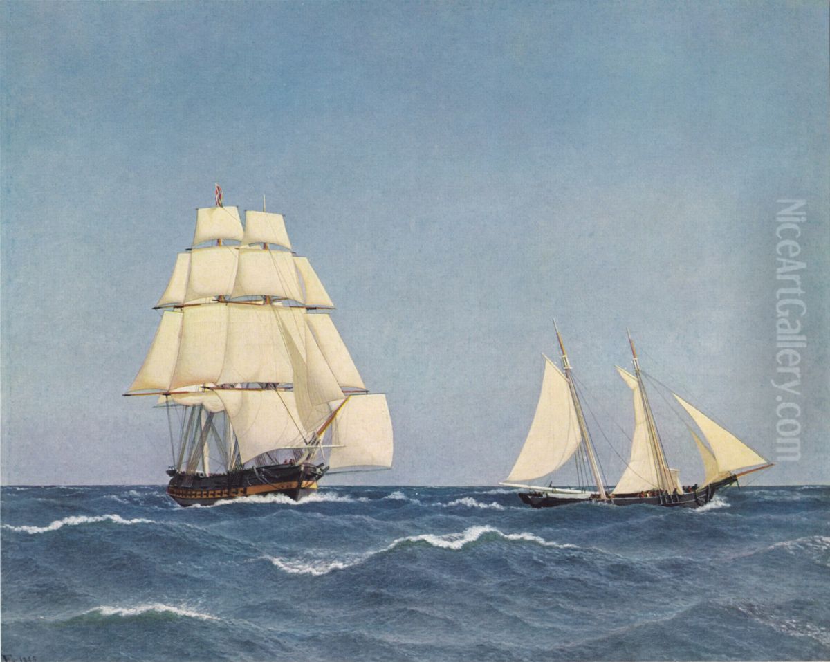 A Privateer Outsailing a Pursuing Frigate Oil Painting by Christoffer Wilhelm Eckersberg
