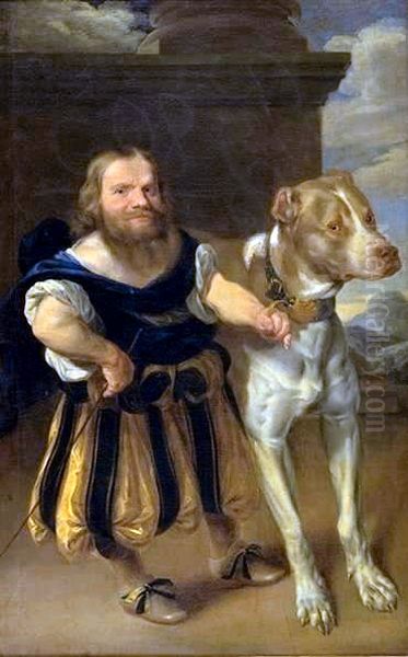 En Dwaerg med en stor Hund Oil Painting by Karel van Mander III