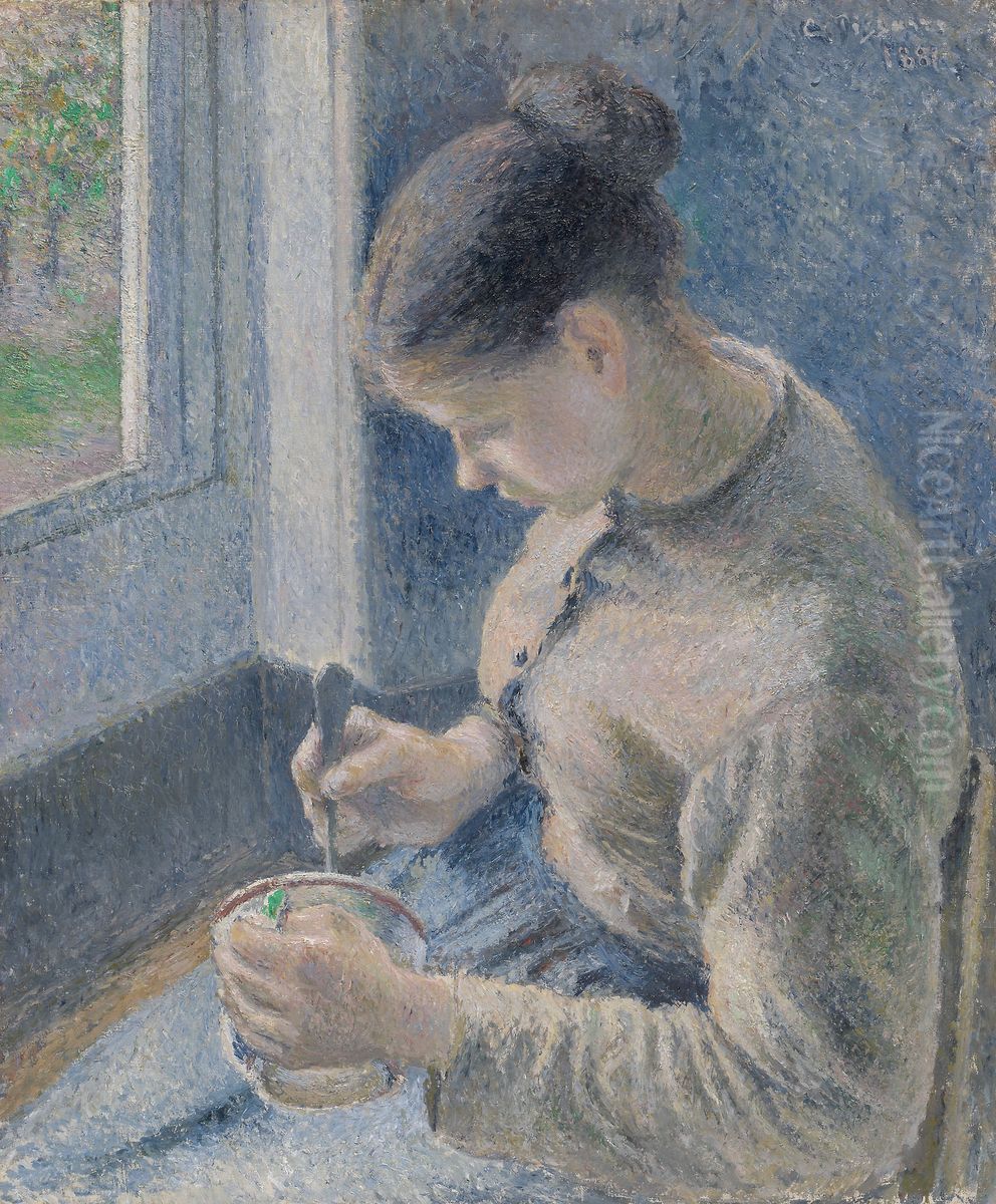 Young Peasant Having Her Coffee Oil Painting by Camille Pissarro