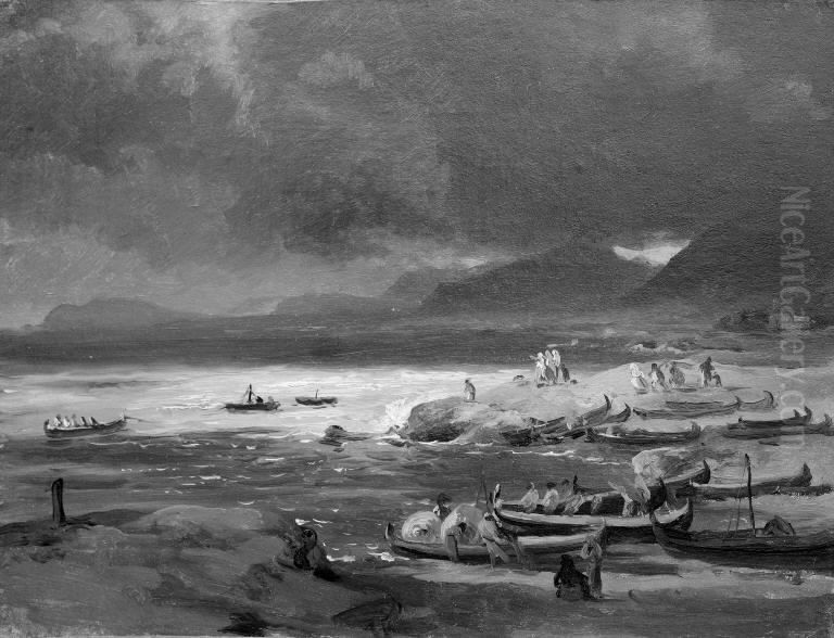 Coast with Boats on the Beach, a Storm Brewing. Dalmatia Oil Painting by Louis Gurlitt