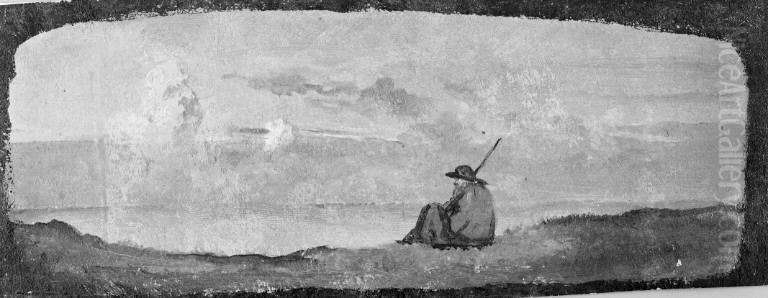 A Herdsman Sitting in a Landscape with Evening Clouds Oil Painting by Lorenz Frolich