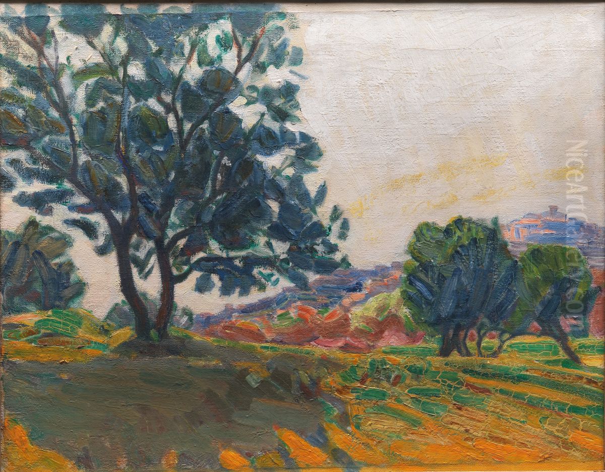 Olivenlunden. Cagnes by i baggrunden. Mod lyset Oil Painting by Niels Larsen Stevns