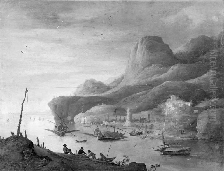 Ved hoje bjerge ligger en italiensk sohavn med galejer og felukker Oil Painting by Daniel van Heil